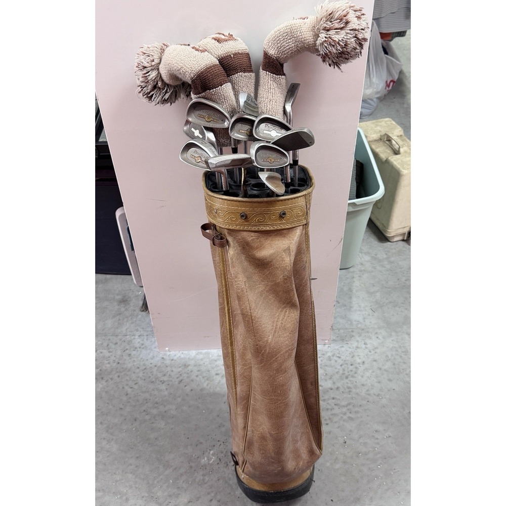 Rare Vintage Atlantic Tooled Leather Golf Bag With Prostaff Golf Clubs Set